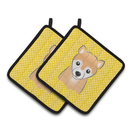 Carolines Treasures Yellow Checkered Shiba Inu Pair of Pot Holders, 7.5 x 3 x 7.5 in. BB1133PTHD